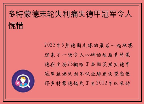 多特蒙德末轮失利痛失德甲冠军令人惋惜